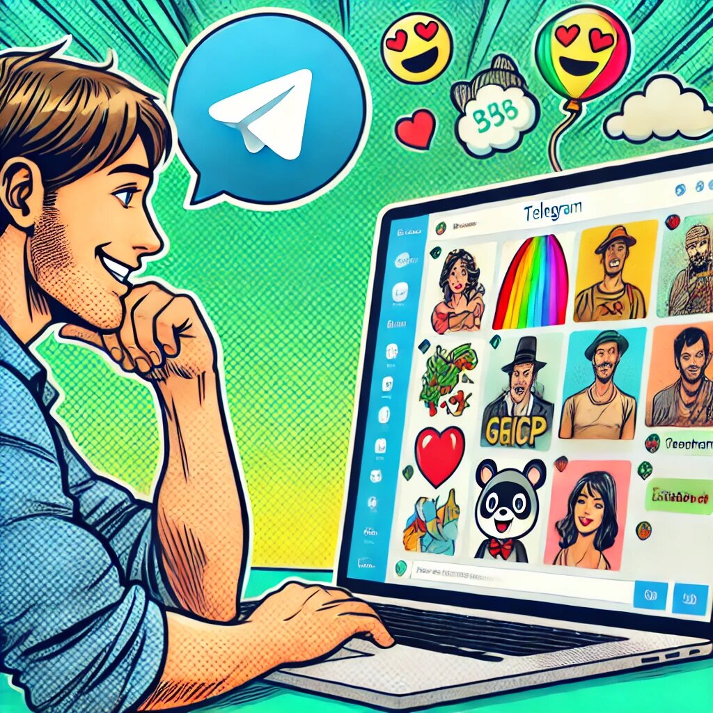 DALL·E 2025-03-05 13.31.45 - A comic-style drawing of a person looking at Telegram’s interface on a laptop. The screen displays a colorful group chat with lots of animated emojis,_proc.jpg